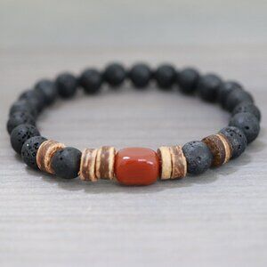 Carnelian Square Gemstone with Black Round Lava Beads Adjustable Bracelet